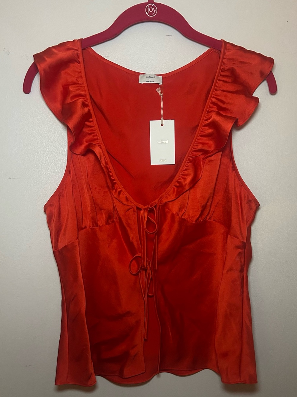 Aritzia Wilfred Red Satin Ruffle Tie-Front Blouse